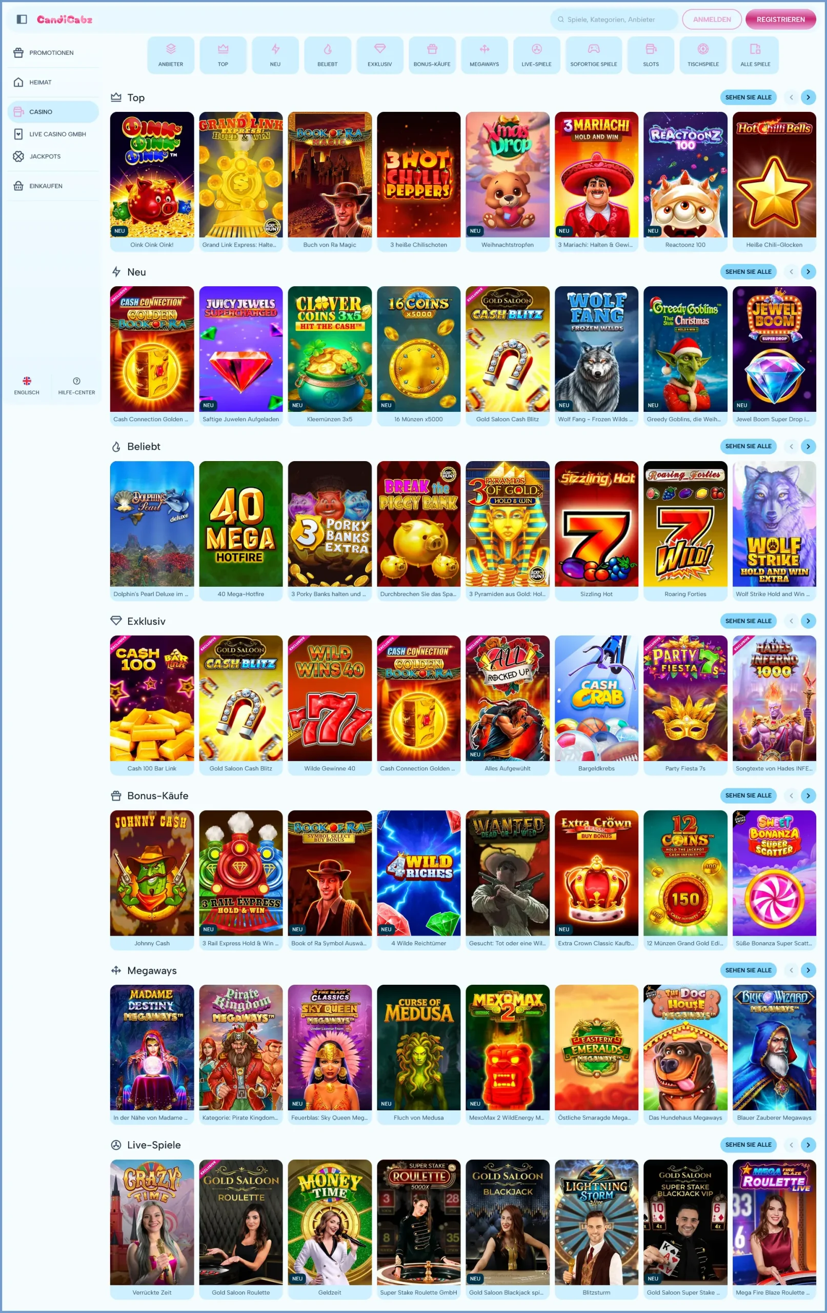 Alle Slots und Casino-Spiele bei CandiCabz Casino für deutsche Spieler