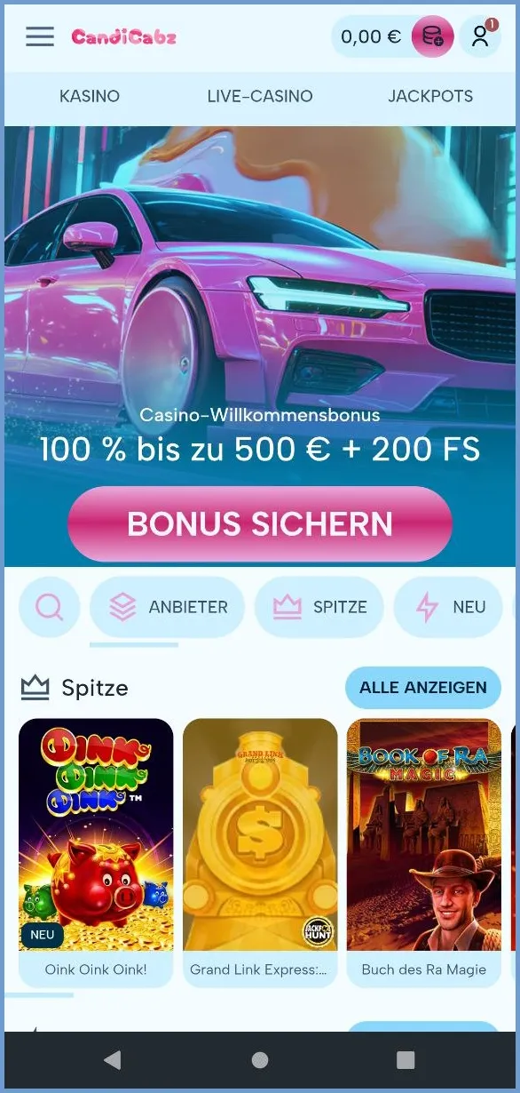 Optimierte mobile Version von CandiCabz Casino